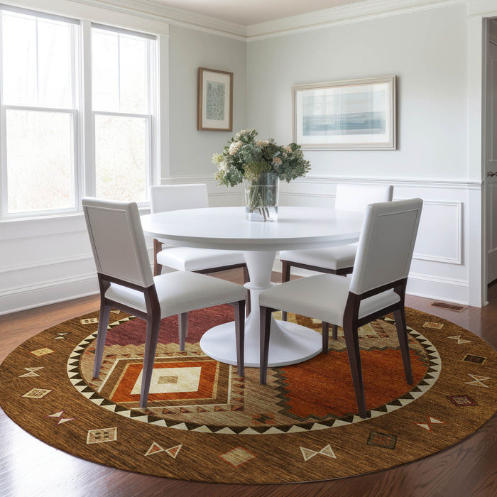 8' Southwest Geometric Washable Round Rug With UV Protection - Brown