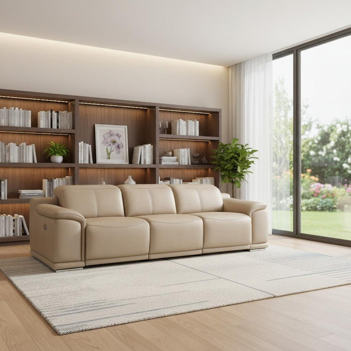 108" Leather Reclining Stainless Steel USB Sofa - Beige