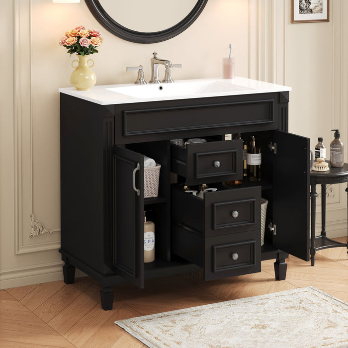 Giga bathroom vanity with top sink, basin on cabinet, soft closing doors and drawers, modern design in a sleek bathroom setting