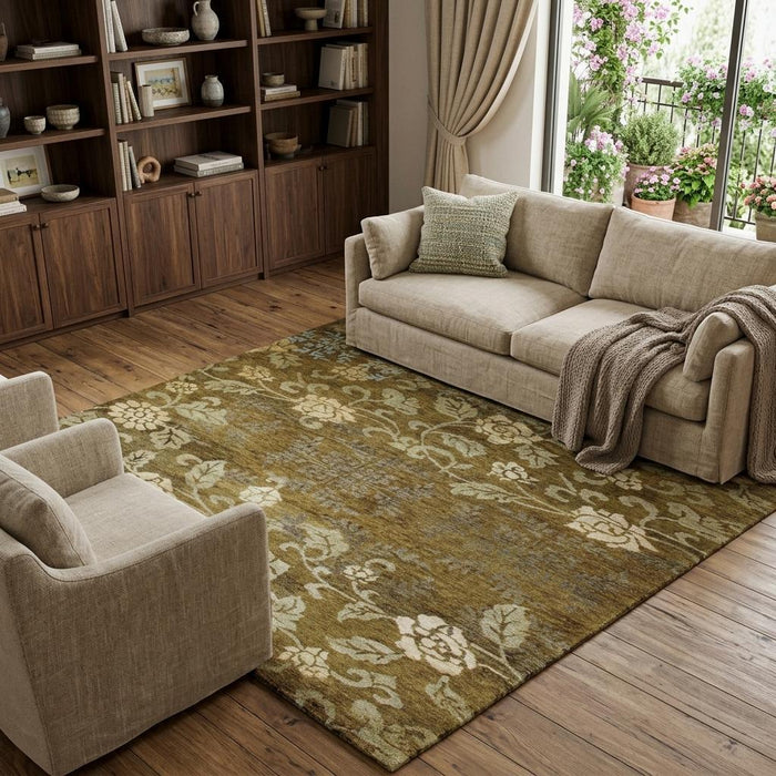 9' X 12' Floral Hand Knotted Area Rug (744334) - Brown / Green / Blue