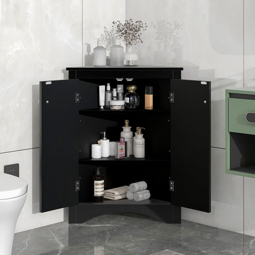 Giga triangle linen bathroom cabinet with adjustable shelves, freestanding floor storage for home or kitchen use