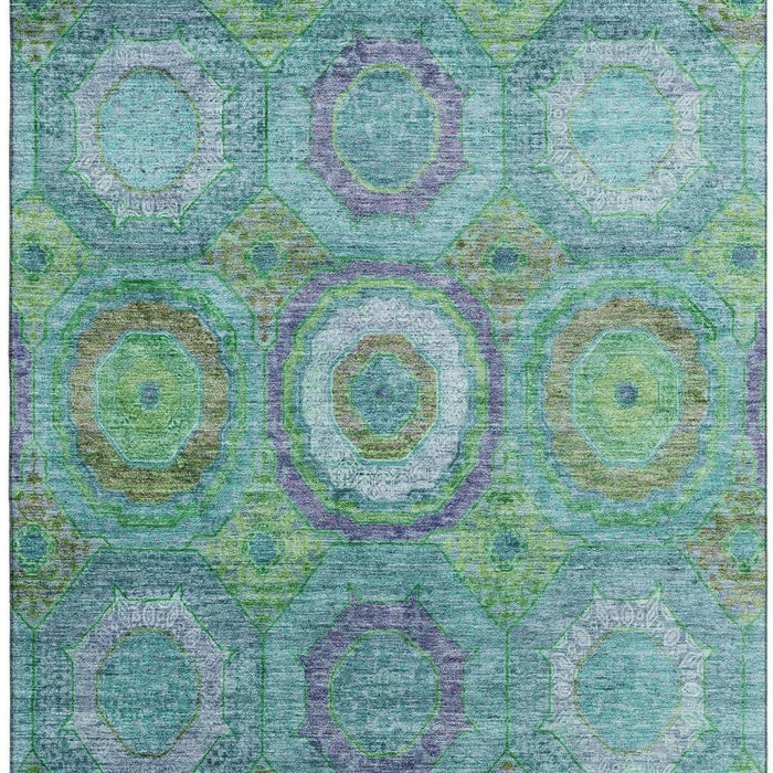 10' X 14' Geometric Washable Area Rug With UV Protection (716515) - Teal / Lime Green