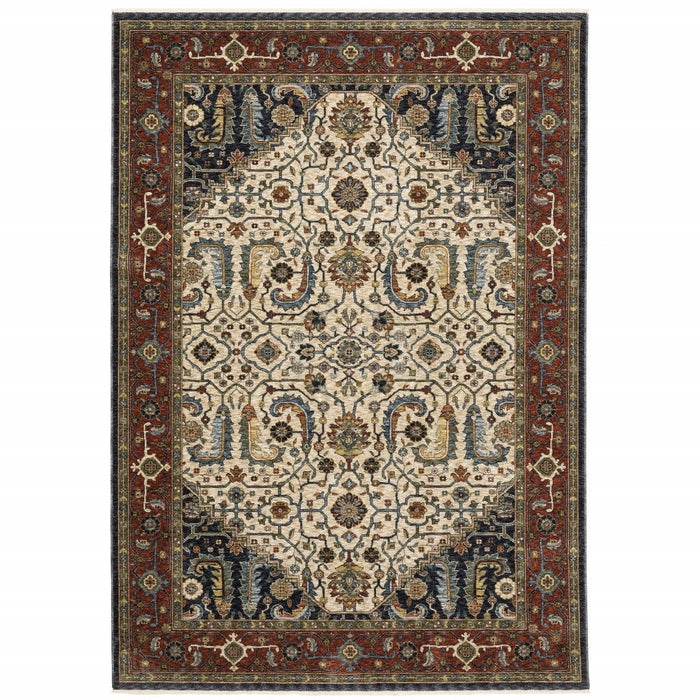 7' x 10' Oriental Power Loom Area Rug With Fringe - Beige And Ivory
