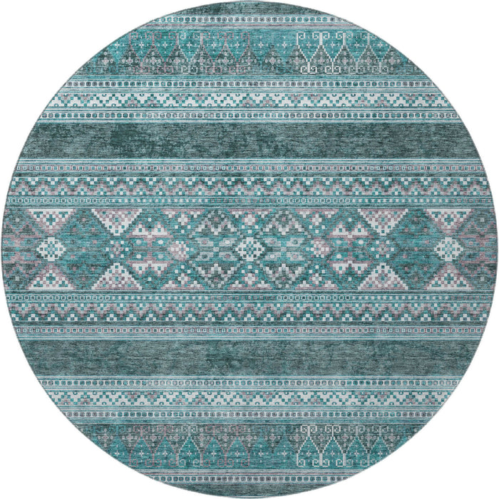 8' Southwestern Washable Round Rug With UV Protection (657458) - Teal / Ivory