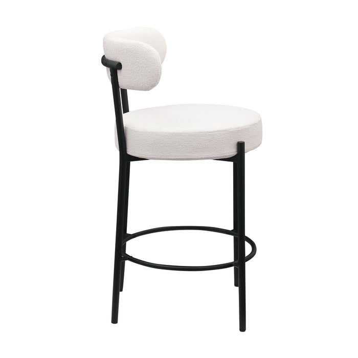 Set of 2 Giga modern sherpa counter height stools with brushed brass legs, round low back, footrest, and upholstered seats for dining room.