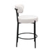 Set of 2 Giga modern sherpa counter height stools with brushed brass legs, round low back, footrest, and upholstered seats for dining room.