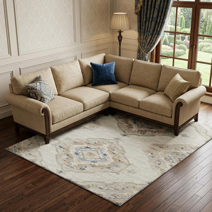 10' X 14' Tribal Distressed Washable Area Rug With UV Protection (644180) - Linen / Ivory / Blue