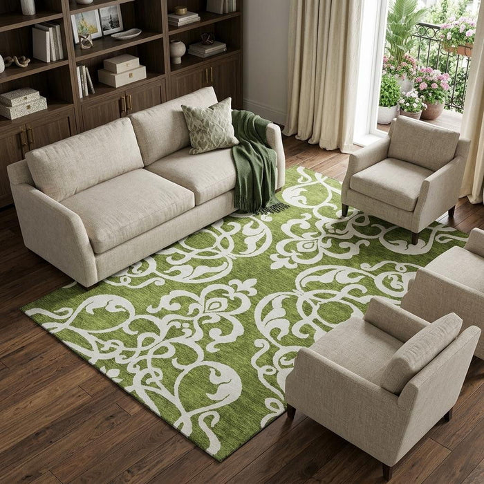 10' X 14' Damask Washable Area Rug With UV Protection (676926) - Green / Ivory