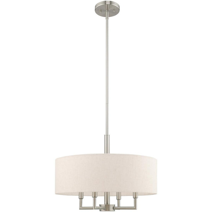 HomeRoots 23-inch metal chandelier with four lights, dimmable, featuring cream shades and nickel finish.