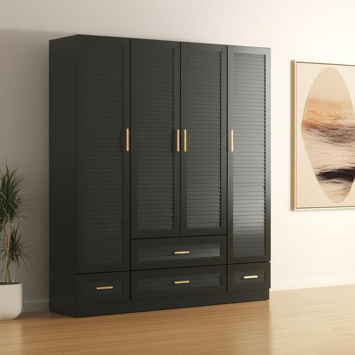 HomeRoots black 71-inch wood plantation shutter dresser with four doors and four drawers, stylish wardrobe storage unit.