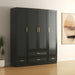 HomeRoots black 71-inch wood plantation shutter dresser with four doors and four drawers, stylish wardrobe storage unit.