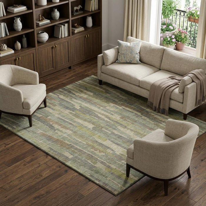 10' X 14' Striped Washable Area Rug With UV Protection (692928) - Artichoke Green / Copper / Beige