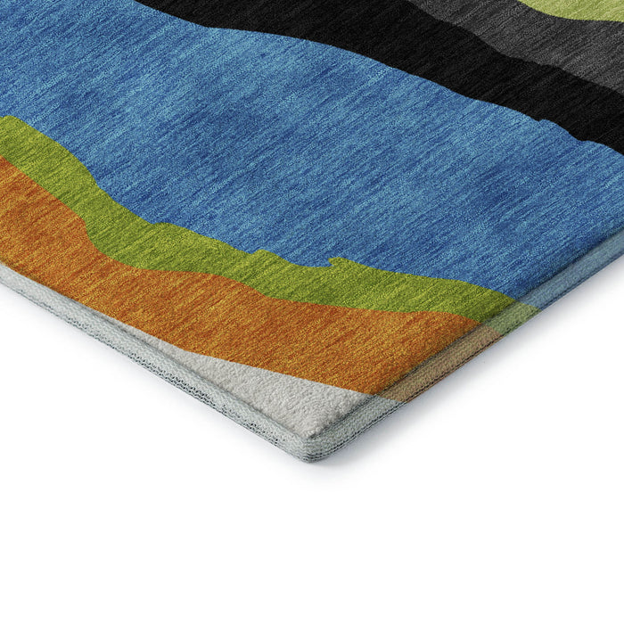 10' X 14' Abstract Washable Area Rug With UV Protection (682115) - Denim Blue / Orange / Lime Green