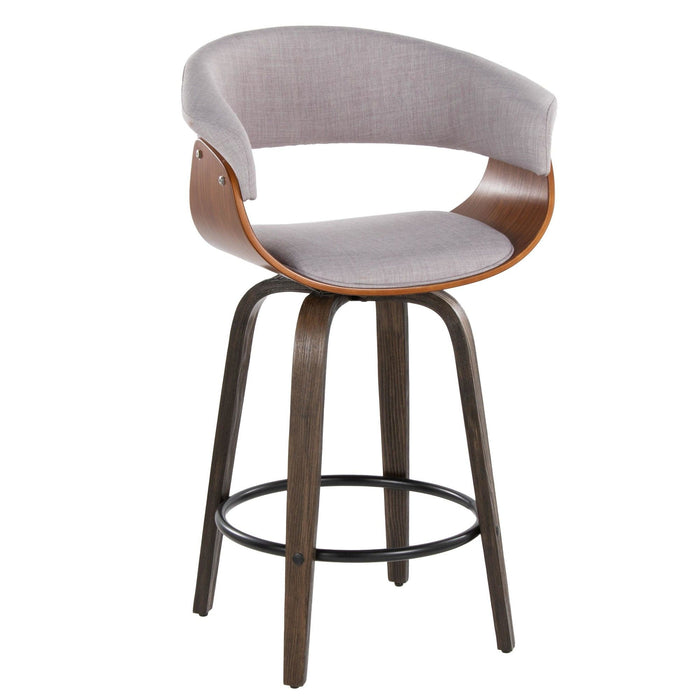 Vintage Mod - 26" Fixed-Height Counter Stool With Swivel (Set of 2) - Walnut Glazed Wood And Stone Fabric With Walnut Wood Accents And Round Black Metal Footrest