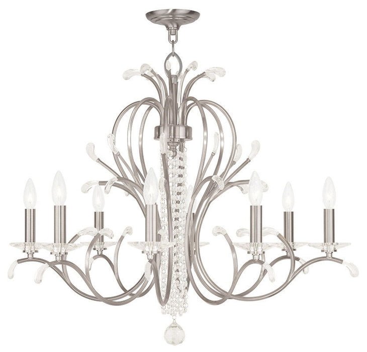 HomeRoots 28-inch nickel and clear glass chandelier with eight lights and shades, featuring a modern metal design.