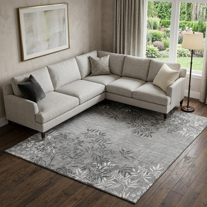 8' X 10' Floral Washable Area Rug With UV Protection (655666) - Pewter / Ivory