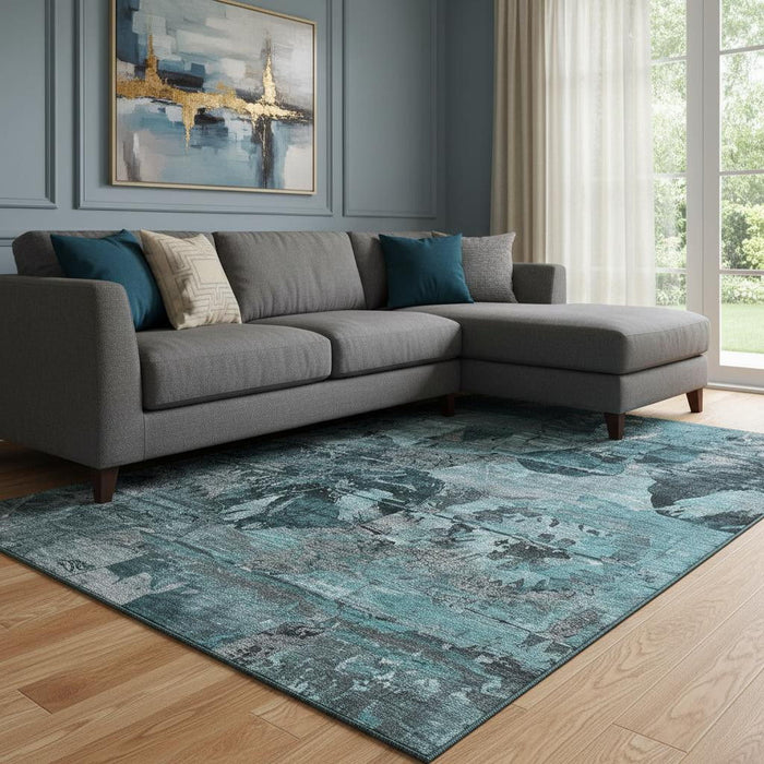 8' X 10' Abstract Washable Area Rug With UV Protection (648878) - Teal / Gray
