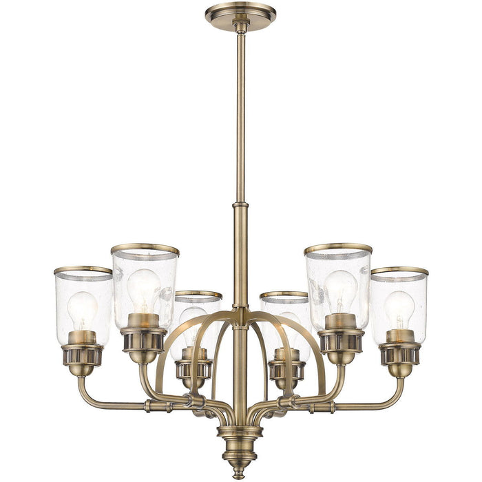 Antiqued brass six-light metal chandelier with clear shades and dimmable feature, modern lighting fixture by HomeRoots