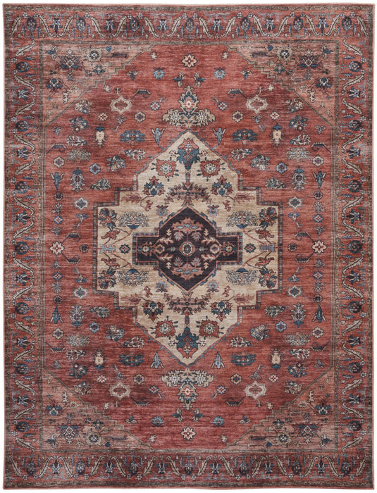 9' X 12' Medallion Distressed Washable Area Rug - Red And Ivory