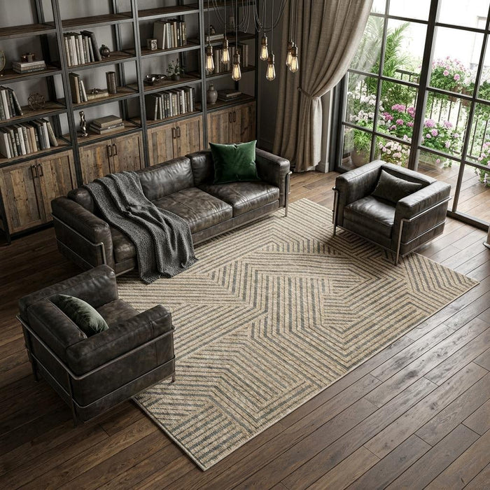 8' X 11' Striped Area Rug With Fringe (575118) - Beige / Gray
