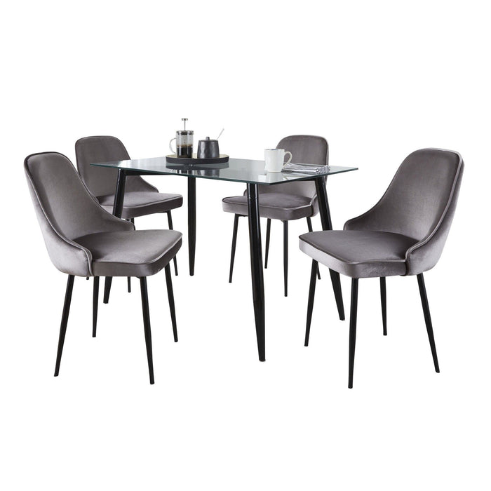 Clara - Marcel 5 Piece Dining Set - Black Metal, Clear Glass, Silver Velvet