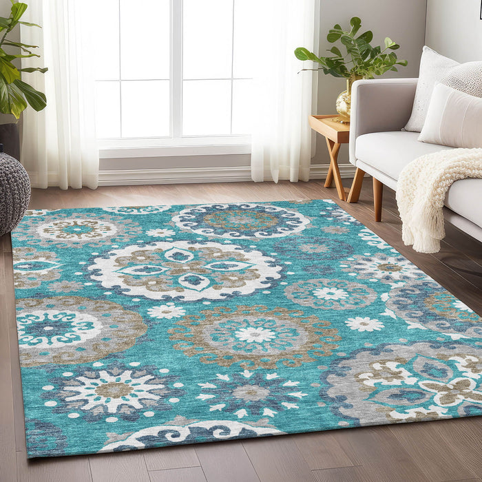 10' X 14' Medallion Washable Area Rug With UV Protection - Teal
