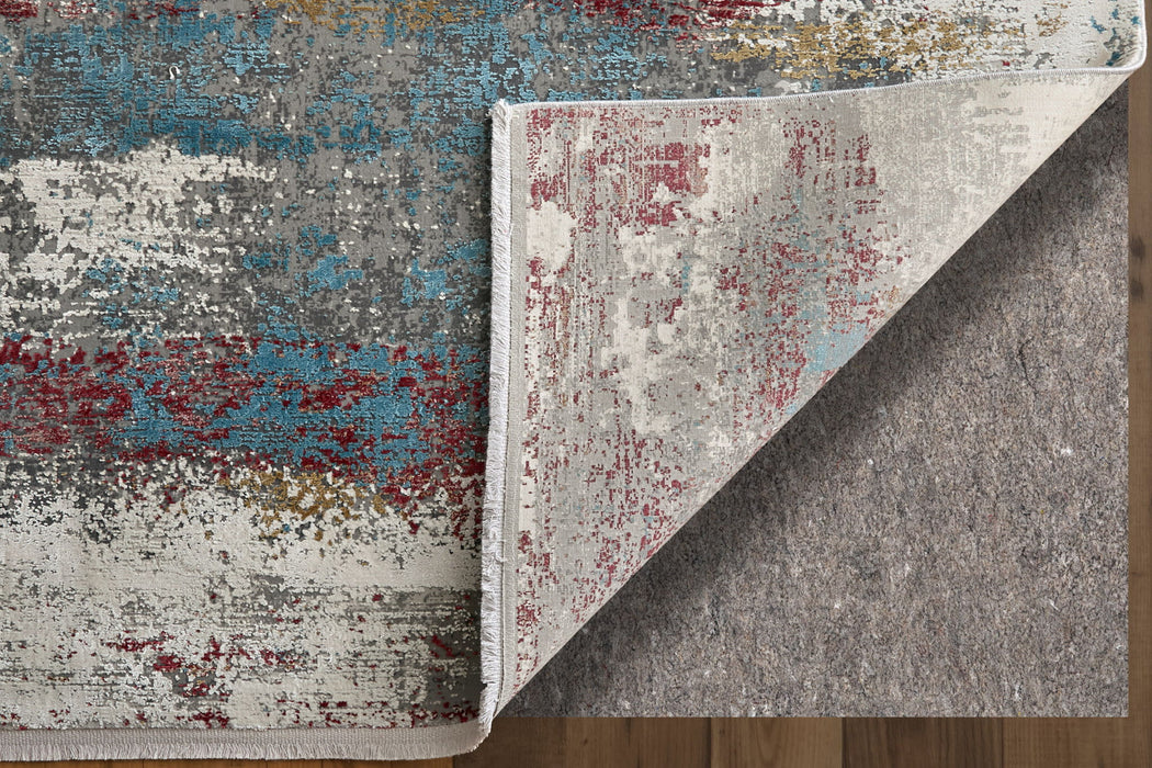 10' Industrial Abstract Power Loom Viscose Runner Rug With Fringe - Gray / Red