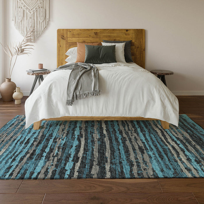 10' X 14' Striped Washable Area Rug With UV Protection - Persian Blue And Charcoal