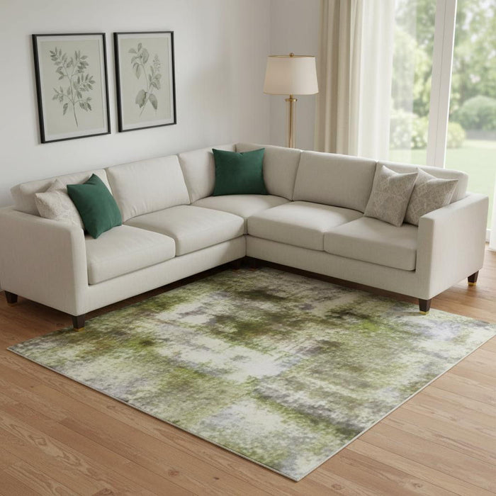 10' X 14' Abstract Washable Area Rug With UV Protection (707533) - Artichoke Green / Ivory