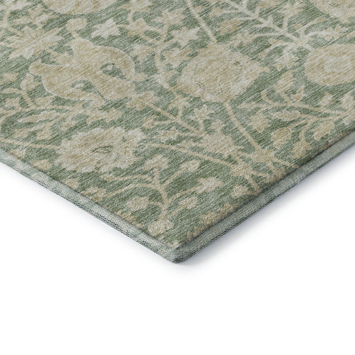 10' X 14' Floral Washable Area Rug With UV Protection (683998) - Artichoke Green / Beige