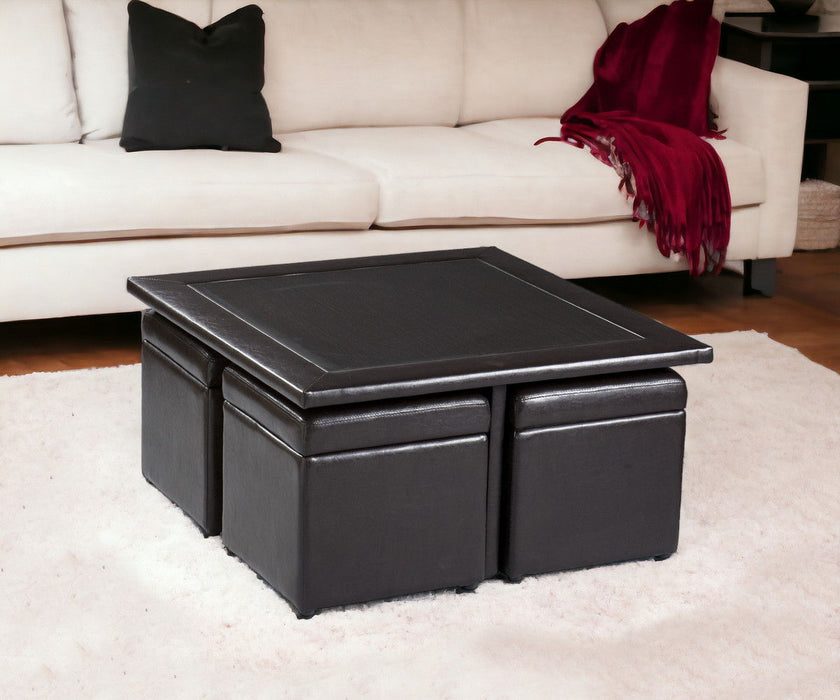 5 Piece Living Room Set (Faux Leather Coffee Table Storage Ottoman Set) - Dark Brown