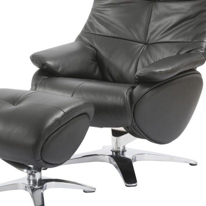 Black genuine leather tufted recliner and ottoman by HomeRoots, featuring manual reclining mechanism and plush cushioning.
