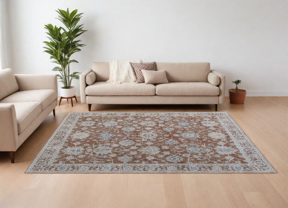 7' x 10' Floral Power Loom Worn Faded Area Rug With Fringe - Red Blue And Ivory