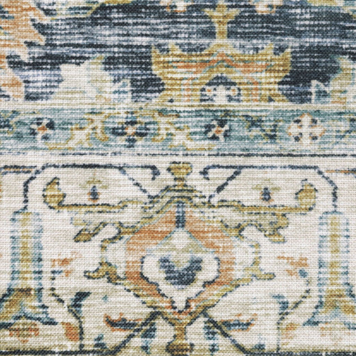 7' x 10' Oriental Printed Stain Resistant Non Skid Area Rug - Blue Gold Rust Ivory And Olive