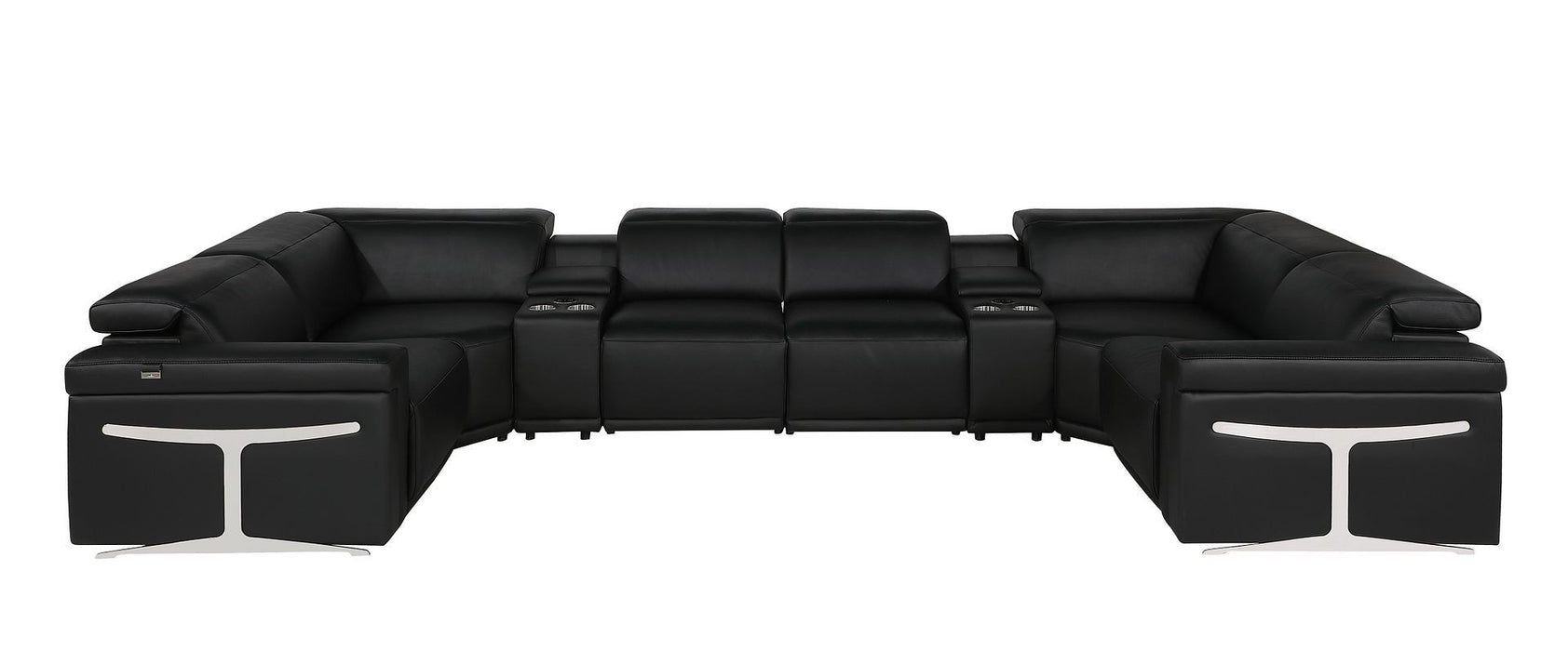 Italian Leather Power Reclining U Shaped Eight Piece Sectional With Console - Black