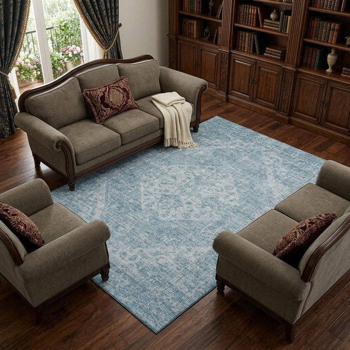 10' X 14' Medallion Washable Area Rug With UV Protection (684382) - Sky Blue / Ivory