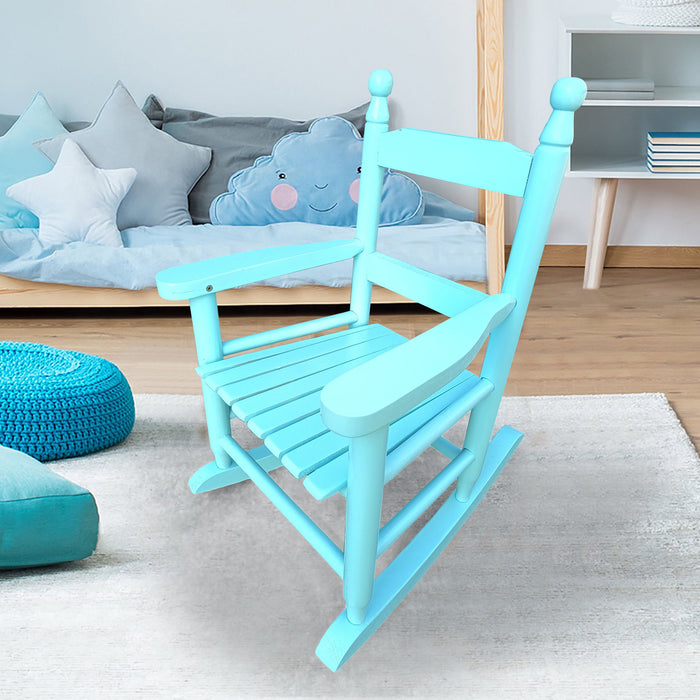 Giga children's indoor and outdoor rocking chair for kids, durable wooden rocker with colorful cushions and sturdy construction.