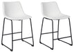 Set of two Ashley Furniture Centiar upholstered barstools with padded seats and wooden legs, ideal for kitchen or bar area.