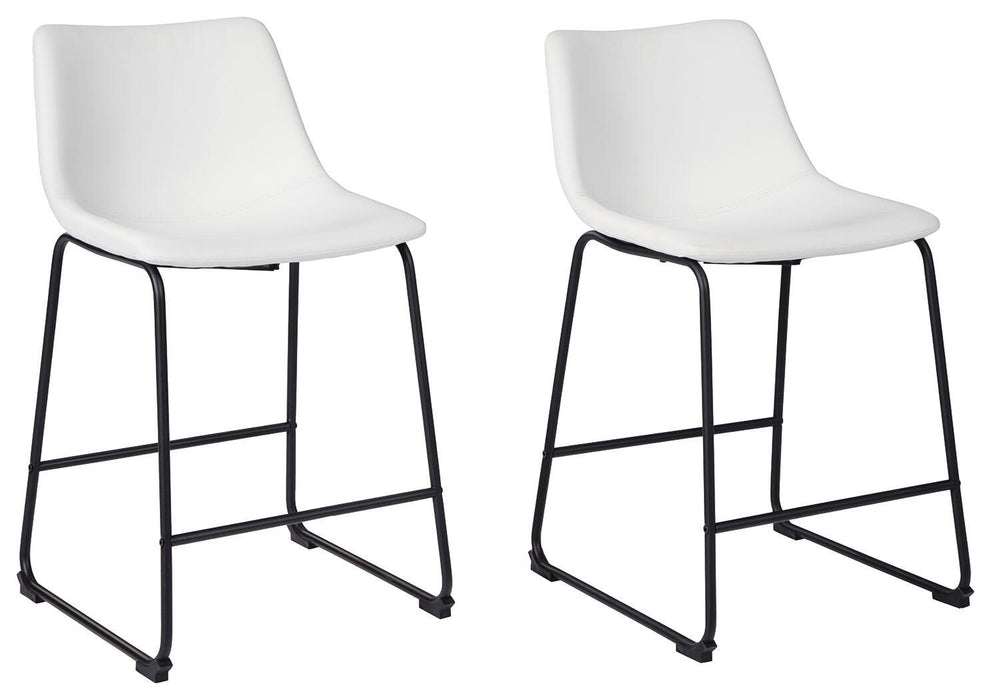 Set of two Ashley Furniture Centiar upholstered barstools with padded seats and wooden legs, ideal for kitchen or bar area.