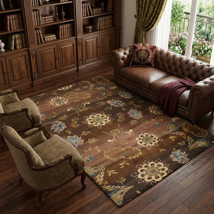 9' X 12' Wool Floral Hand Knotted Area Rug (744340) - Brown / Tan / Green