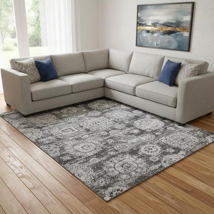 8' X 10' Floral Washable Area Rug With UV Protection (653204) - Gray / Ivory