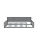 Gray Giga twin long platform floor bed with built-in storage cabinets and USB ports, shown with mattress and bedding.