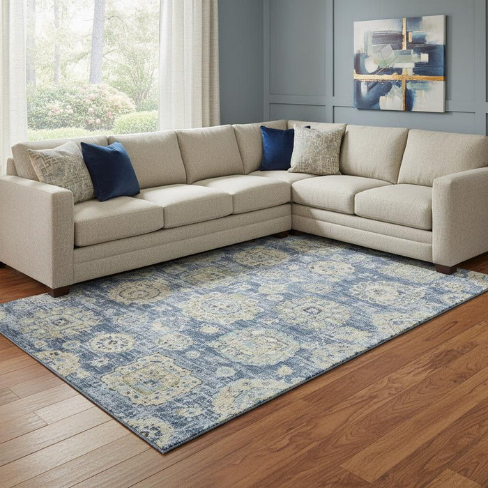 10' X 14' Floral Washable Area Rug With UV Protection (653188) - Blue / Ivory / Gold