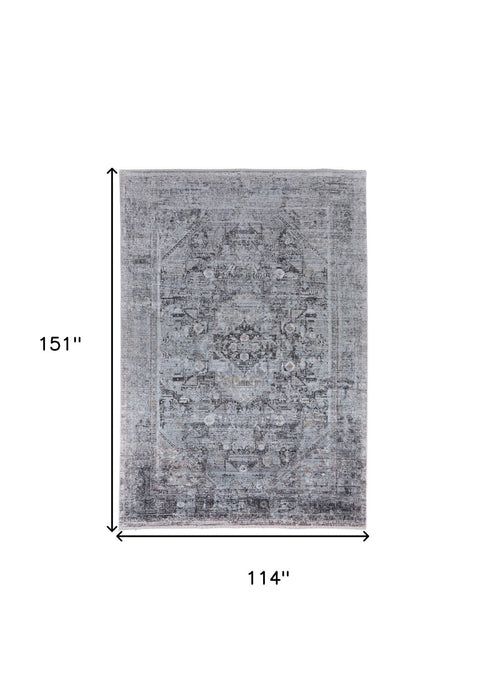 9' x 13' Oriental Power Loom Worn Faded Area Rug - Gray And Silver