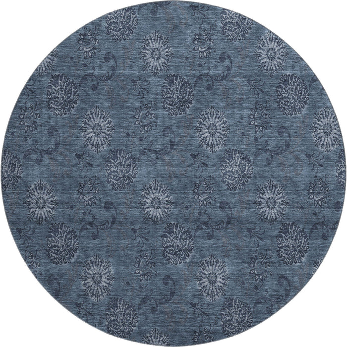 8' Floral Washable Round Rug With UV Protection - Blue And Ivory