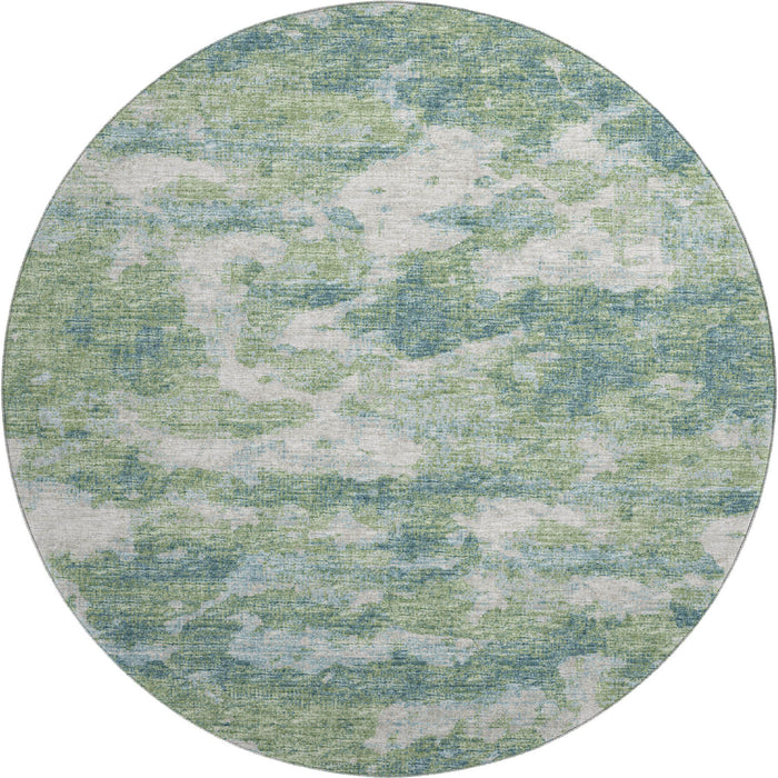 8' Abstract Washable Round Rug Polyester With UV Protection - Green / Ivory