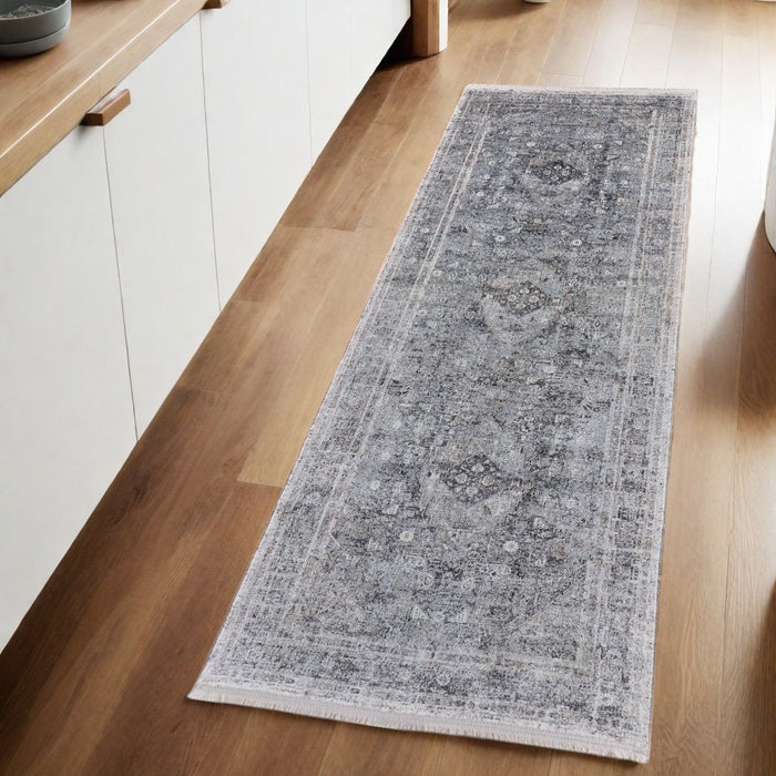 8' Oriental Power Loom Worn Faded Runner Rug - Gray And Silver