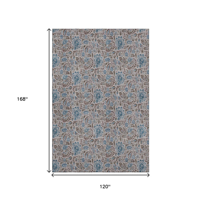 10' X 14' Floral Washable Area Rug With UV Protection (654994) - Coffee / Blue