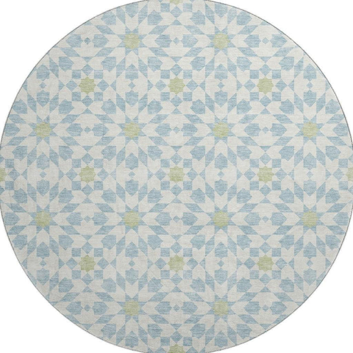 8' Transitional Geometric Washable Round Rug With UV Protection - Sky Blue