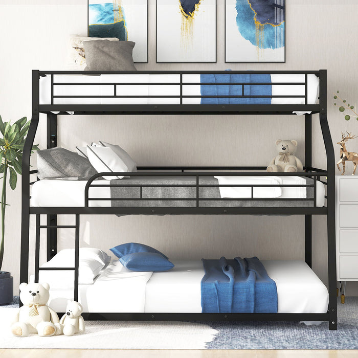 Giga black twin, full, or queen triple bunk bed with long and short ladders, full-length guardrails, and sturdy construction.